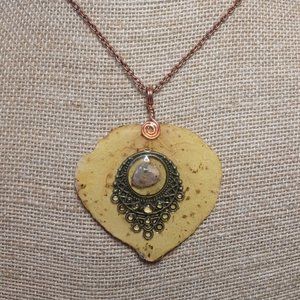 All Natural Real Aspen Leaf and Agate Stone Pendant Necklace